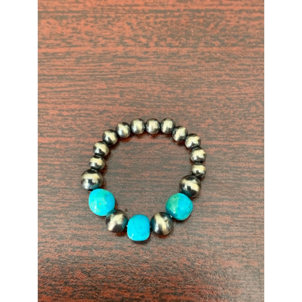 925 Sterling Silver Desert Pearl Kingman Turquoise Beaded Stretch Ring Adjust